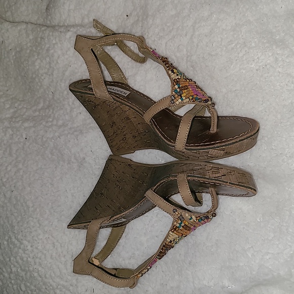 Steve Madden Y2K  S. 6 Brown Leather Multi Color Beaded  Bohemian Cork Wedges - Picture 5 of 9